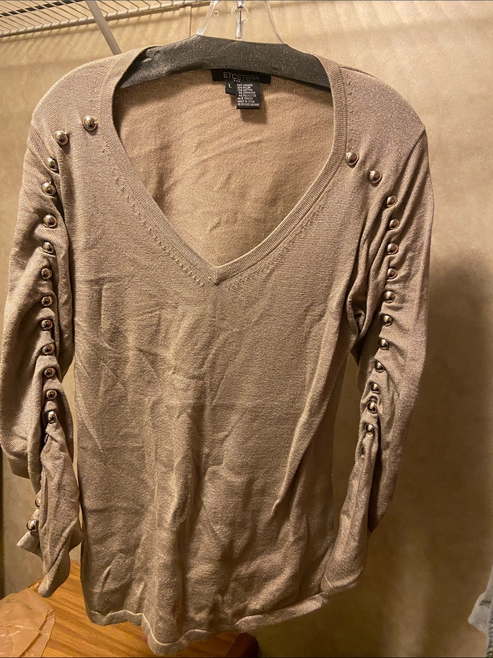 Etcetera Metallic Taupe V-Neck Sweater with Button-Trim Sleeves